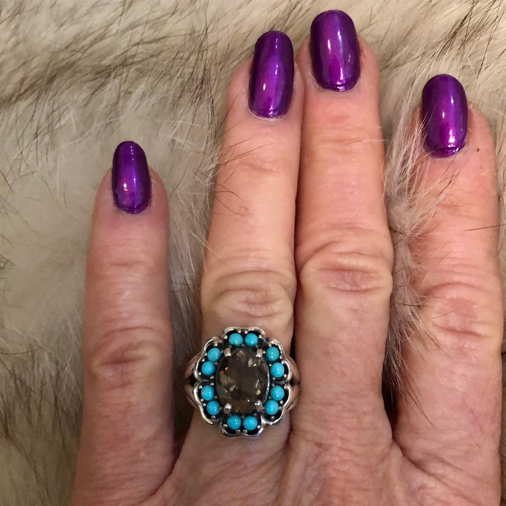 Sleeping beauty turquoise and smoky quarts ring